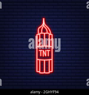 Red dynamite pack with electric time bomb, TNT. Neon icon. Vector illustration. Stock Vector