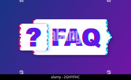 Frequently asked questions FAQ banner. Glitch icon. Computer with question icons. Vector illustration. Stock Vector