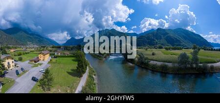 view of the northern part of the Lake Idro  with the river tributary Chiese, in the municipalities of Ponte Caffaro, Brescia, Italy Stock Photo