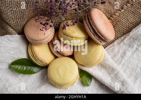 Top view of the fresh sweet macaroons on the white fabric with decorative flowers Stock Photo