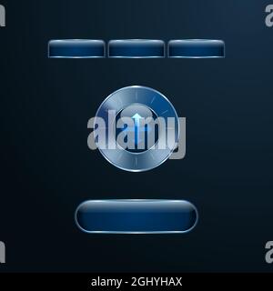 Blue glass futuristic user interface buttons, tabs and round control knob with chrome metallic frames on dark blue background. Vector illustration Stock Vector
