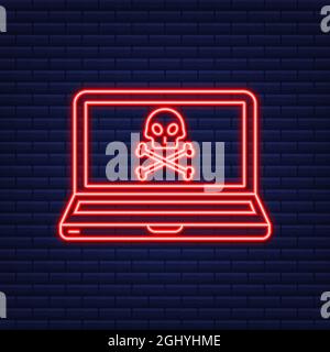 Cyber attack. Neon icon. Data Phishing with fishing hook, laptop, internet security. Vector stock illustration. Stock Vector