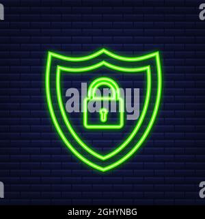 Cyber security vector logo with shield and check mark. Security shield concept. Internet security. Neon style. Vector illustration. Stock Vector