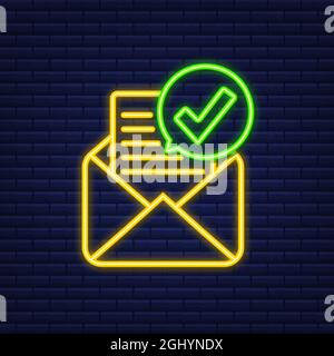 Opened envelope and document with green check mark. Neon icon. Verification email. Vector illustration. Stock Vector