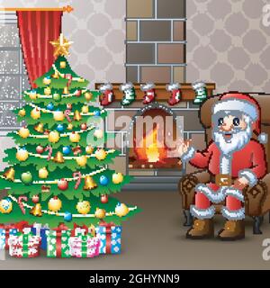 Santa claus sitting in sofa near decorated pine tree and the box gifts Stock Vector