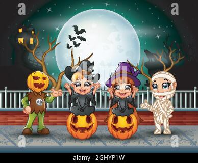 Happy kids halloween in the full moon background Stock Vector Image ...
