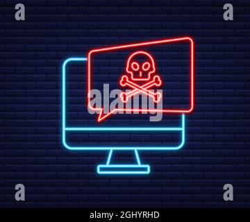 Cyber attack. Data Phishing with fishing hook, monitor, internet security. Neon icon. Vector stock illustration. Stock Vector