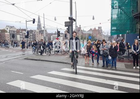 AMSTERDAM, HOLLAND - SEPTEMBER 17 2017; ; cyclist in striped tee-shirt rides crosswalk while pedestrians wait for lights to change in old world monoch Stock Photo