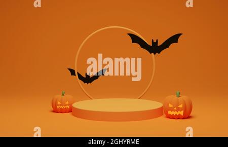 3D rendering. Abstract podium minimal scene for Halloween background. Pumpkin with flying bat on geometric shape pedestal Stock Photo
