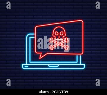 Cyber attack. Data Phishing with fishing hook, laptop, internet security. Neon icon. Vector stock illustration. Stock Vector