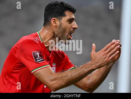 Doha, Qatar. 7th Sep, 2021. Mehdi Taremi of Iran celebrates after scoring during the FIFA World Cup qualifier match between Iran and Iraq in Doha, Qatar, Sept. 7, 2021. Credit: Nikku/Xinhua/Alamy Live News Stock Photo