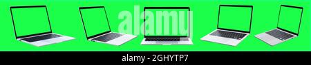 Collection of Laptop computer with blank green screen isolated on green background Stock Photo