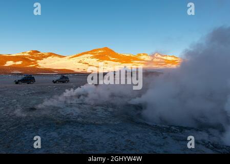 Sol de Manana (Morning Sun) geothermal volcanic area at sunrise, Andes mountains, Uyuni, Bolivia.
