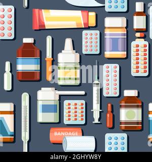 Medicines seamless pattern. Illustration with pills. Concurrency. Medicinal drugs. Pharmaceuticals. Ambulance. Pharmacy. Dark background. Flat design Stock Vector