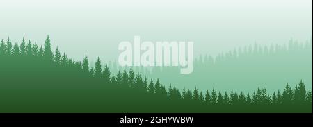 Foggy morning in coniferous forest. Silhouettes of trees. Wild hilly landscape. Pine, cedar. Landscape is horizontal. Illustration vector Stock Vector