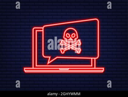 Cyber attack. Data Phishing, laptop, internet security. Virus alert. Neon icon. Vector stock illustration. Stock Vector