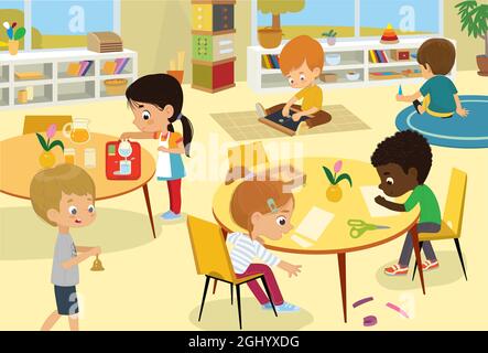 Montessori School Class. Vector illustrations of children in the playroom, boys and girls involved in Montessori activities, sew, make a collage, pour Stock Vector