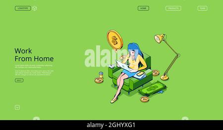 Work from home isometric landing page. Woman freelancer working on laptop sitting on armchair at domestic office. Distant workplace for businesswoman, analyst, designer, 3d vector line art web banner Stock Vector