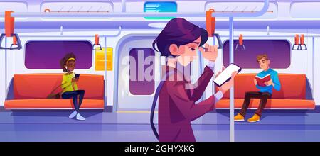 People in subway train car. Women with mobile phones and man with book in metro wagon with illumination and seats. Underground railway commuter carriage with passengers, Cartoon vector illustration Stock Vector