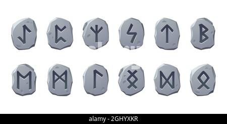 Rune stones with sacred glyphs for game design isolated on white background. Vector cartoon set of ancient stones with engraved magic signs, scandinavian runic characters Stock Vector