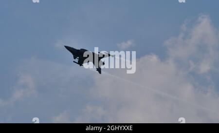 Maribor Slovenia AUGUST, 15, 2021 Supersonic airplane in reverse flight. SAAB JAS-39 Gripen of Hungarian Air Force Stock Photo