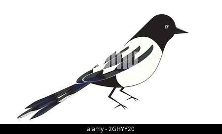 Abstract cartoon wild bird, black white magpie illustration. Stock Vector