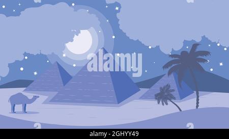 Ancient Egypt desert, night landscape with three pyramids illustration. Stock Vector