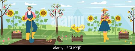 Man and woman harvest in the garden, farmers in the village. Vector illustration in flat cartoon style. Banner template Stock Vector