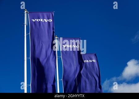 Umea, Norrland Sweden - September 1, 2021: three blue flags with well-known car brand Stock Photo