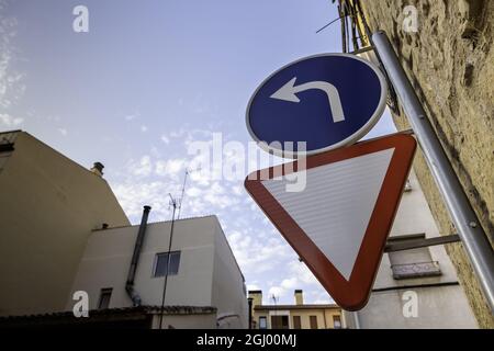 Detail of traffic signs for vehicles, road safety Stock Photo