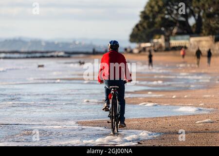 A cyclist riding along Milford beach in Auckland, with out-of-focus people walking and dogs playing on the beach.