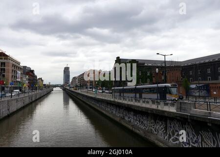 Brussels, Belgium - June 16, 2013: The Brussels Canal in Brussels, Belgium on a cloudy summer day. It is a section of waterway in Belgium. Stock Photo