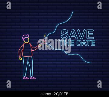 Save the date. Badge, mark on megaphone. Neon style. Flat vector stock illustrations on white background. Stock Vector