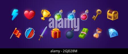 Set of game icons, shield, sword, lightning flash and heart, golden cup, magic potion flasks, gold key and treasure chest. Cartoon 3d ui flag, gift box, bomb and money bills, hourglass and brilliant Stock Vector