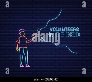 Megaphone Hand, business concept with text volunteers needed. Neon style. Vector stock illustration. Stock Vector