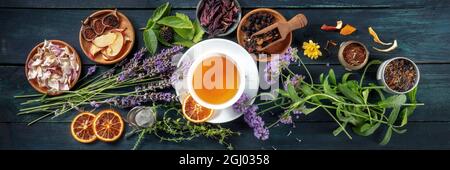 Tea panorama. Herbs, flowers and fruit around a cup of tea, an overhead flat lay shot on a dark rustic wooden background Stock Photo