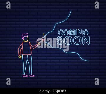 Megaphone label with coming soon. Neon style. Megaphone banner. Web design. Vector stock illustration. Stock Vector