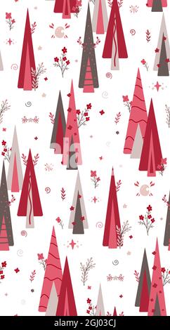 Seamless pattern with geometric, stylized fir trees with floral, star and doodle line ornaments. Pink spruce, branch with foliage and moon. Vector gen Stock Vector