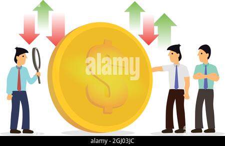 Giant coin surround by businessmen with up and down arrows. Concept of value of money. Vector illustration. Stock Vector