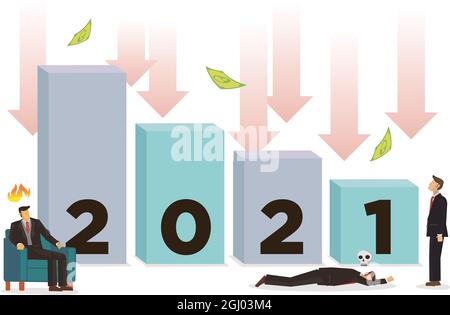 Negative growth market crash in year 2021. Concept of negative indicators, decline business and recession. Flat vector illustration. Stock Vector