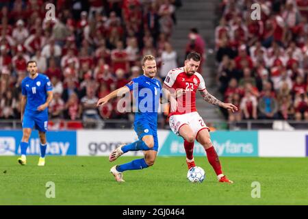 Copenhagen, Denmark. 07th, September 2021. Pierre-Emile Hojbjerg (23) of Denmark and Dan Leon Glazer (3) of Israel seen during the UEFA World Cup qualifier between Denmark and Israel at Parken in Copenhagen. (Photo credit: Gonzales Photo - Dejan Obretkovic). Stock Photo