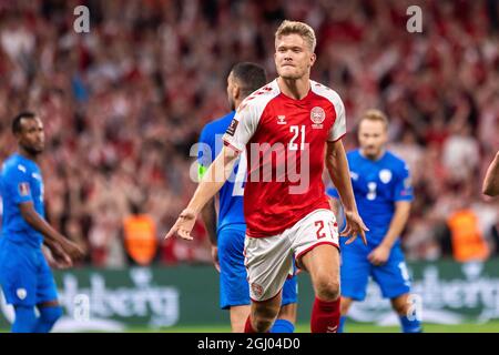 Copenhagen, Denmark. 07th, September 2021. Andreas Cornelius (21) of Denmark scores for 5-0 during the UEFA World Cup qualifier between Denmark and Israel at Parken in Copenhagen. (Photo credit: Gonzales Photo - Dejan Obretkovic). Stock Photo