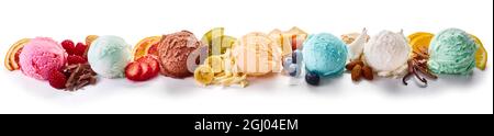 Wide panorama banner with a variety of Italian ice cream desserts with assorted fruit flavors, vanilla, chocolate and almond displayed as a line of sc Stock Photo