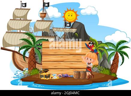 Pirate island with an empty banner isolated on white background illustration Stock Vector