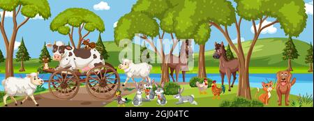 Panorama landscape scene with various farm animals in the farm ...