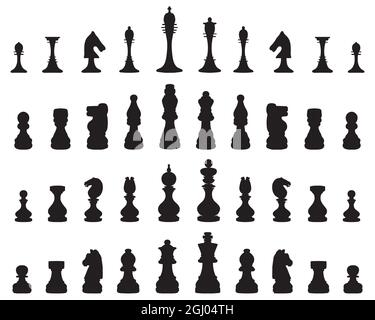 Black silhouettes of chess pieces on white background Stock Photo