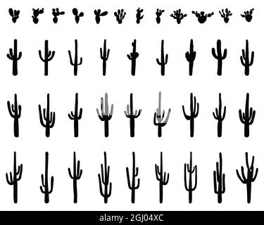 Black silhouettes of different cactus on a white background Stock Photo
