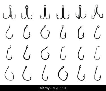 Black silhouettes of different fishing hooks on a white background Stock Photo