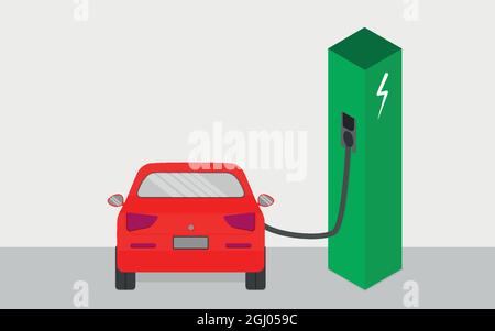 Electric smart car station with a plug in cable. Electrified future transportation e-motion. Stock Vector