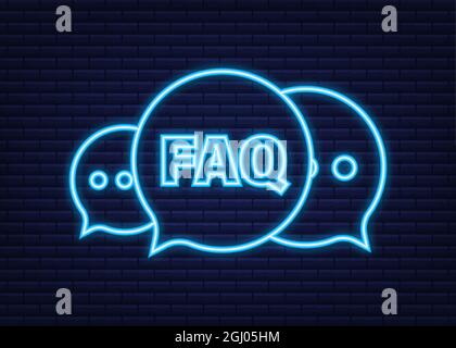 Frequently asked questions FAQ banner. Neon icon. Computer with question icons. Vector illustration. Stock Vector